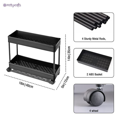 2 Tier Multipurpose Plastic Storage Organizer Slim Rack Shelf with Wheels Slim Slide Out Kitchen Trolley Rack Holder